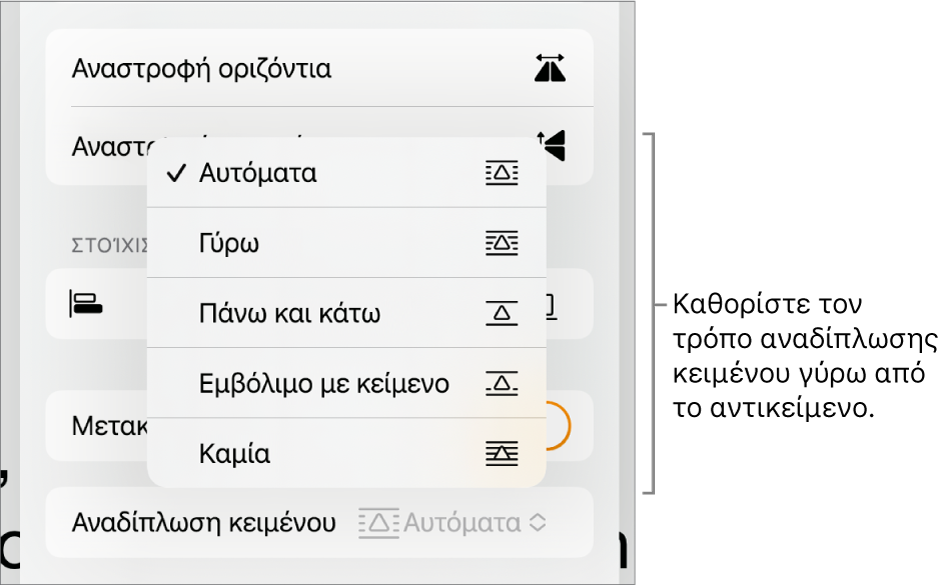 Τα στοιχεία ελέγχου «Μορφή» με επιλεγμένη την καρτέλα «Διευθέτηση». Από κάτω εμφανίζονται τα στοιχεία ελέγχου αναδίπλωσης κειμένου, μεταξύ των οποίων τα «Μετακίνηση στο πίσω μέρος/σε πρώτο πλάνο», «Μετακίνηση με κείμενο» και «Αναδίπλωση κειμένου».