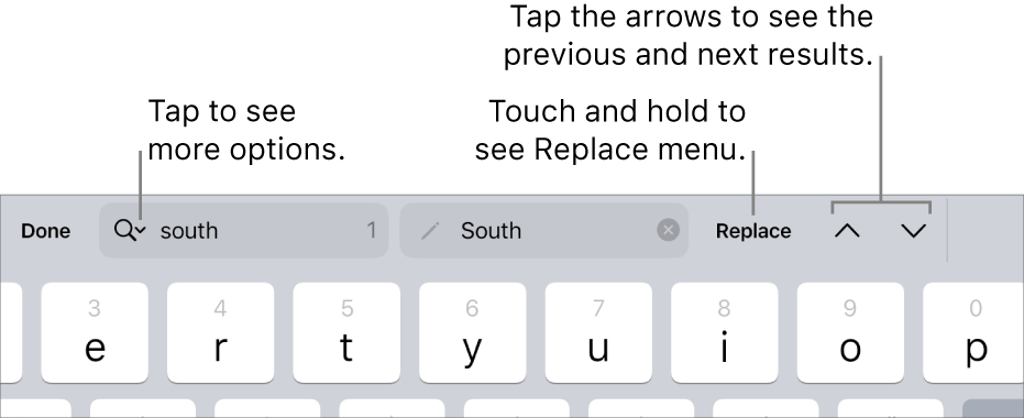 The Find & Replace controls above the keyboard with callouts to the Search Options, Replace, Go Up and Go Down buttons.