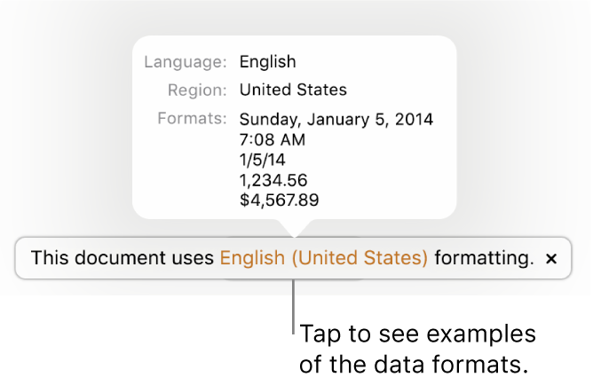 The notification of the different language and region settings, showing examples of formatting for that language and region.