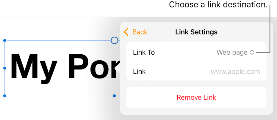 The Link Settings controls with Web Page selected, and the Remove Link button at the bottom.