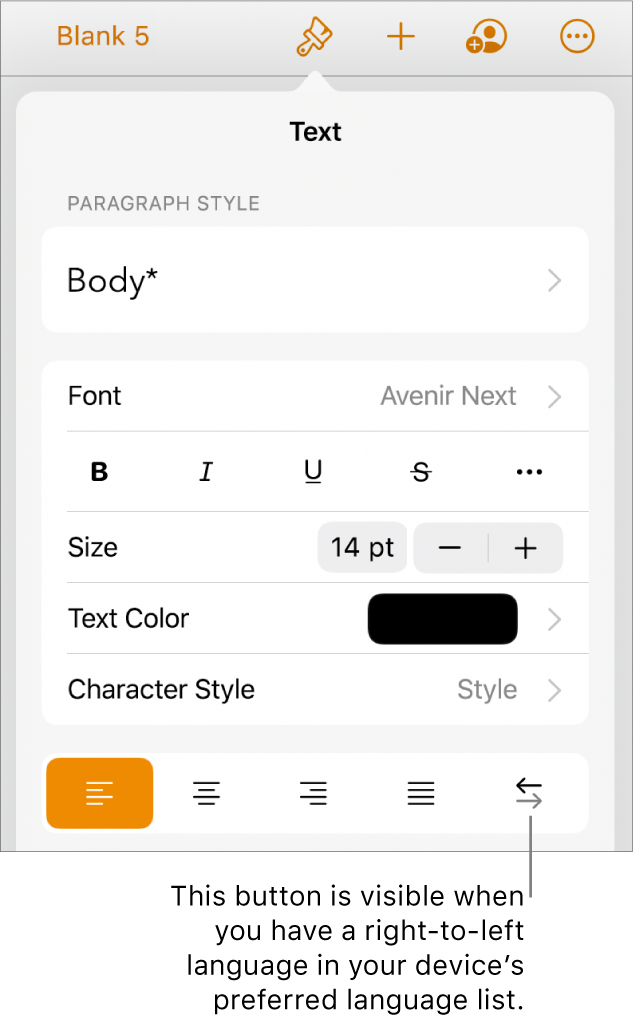 Text controls in the Format menu with a call-out pointing to the Right to Left button.