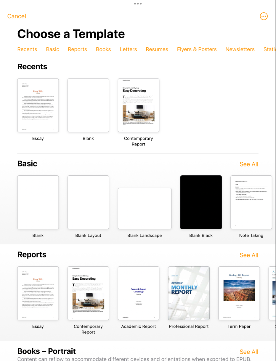 The template chooser, showing a row of categories across the top that you can tap to filter the options. Below are thumbnails of predesigned templates arranged in rows by category, starting with Recents at the top and followed by Basic and Reports. A See All button appears above and to the right of each category row.