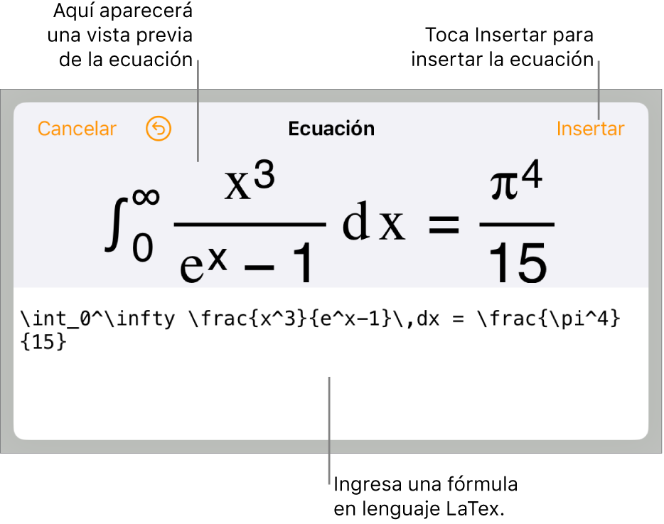 El cuadro de diálogo Ecuación con una ecuación escrita con comandos de LaTeX y una previsualización de la fórmula encima.