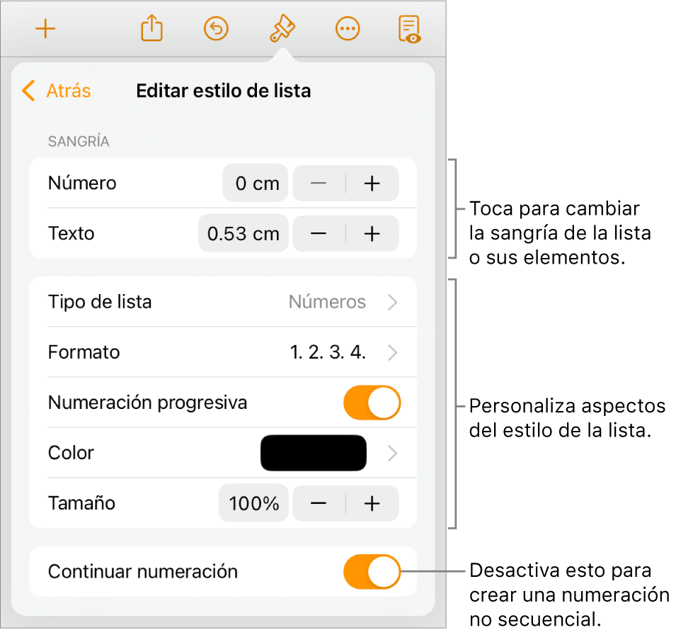 El menú Editar estilo de lista con controles para el espaciado de la sangría, el tipo y el formato de la lista, los números escalonados, el color y el tamaño de la lista y la numeración continua.