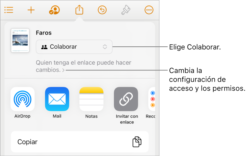 El menú Compartir con la opción Colaborar seleccionada en la parte superior, y la configuración de acceso y permisos debajo.