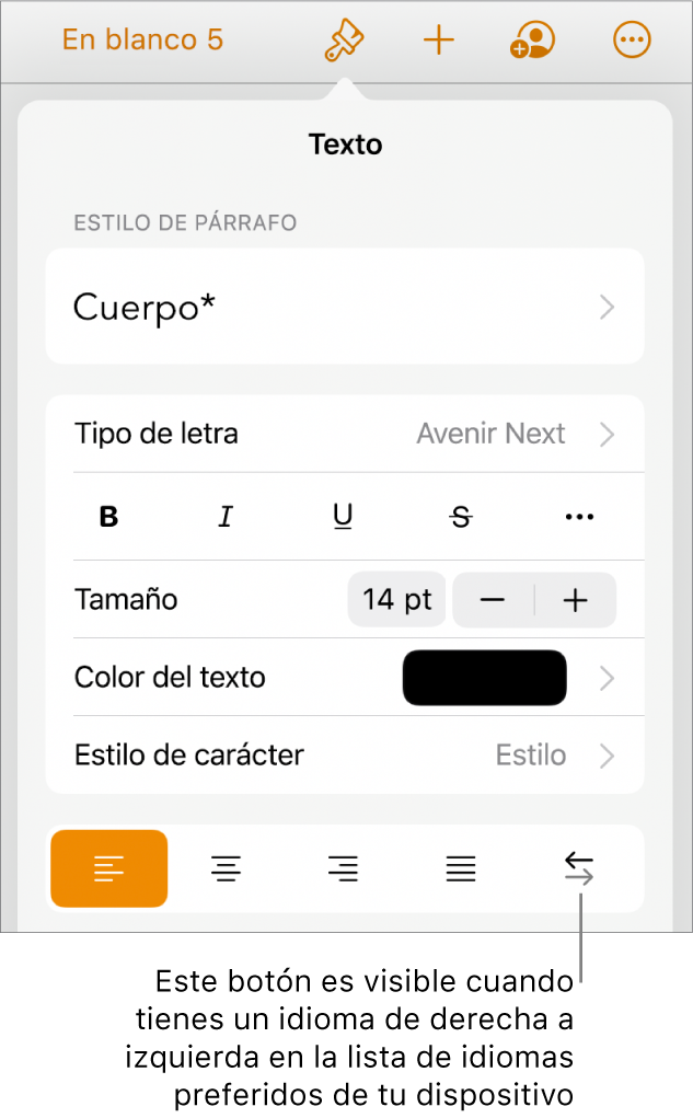 Los controles de texto se encuentran en el menú de Formato con un mensaje que señala el botón de derecha a izquierda.