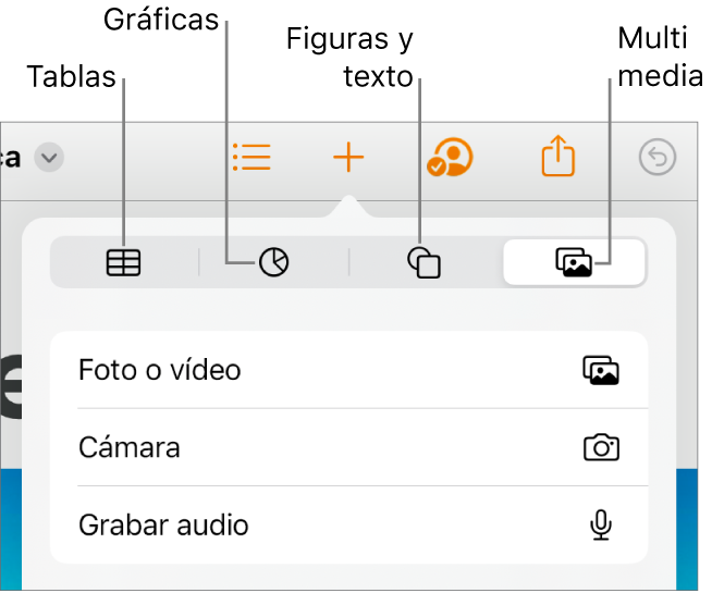 Los controles Insertar abiertos con botones para añadir tablas, gráficas, texto, figuras y contenidos en la parte superior.
