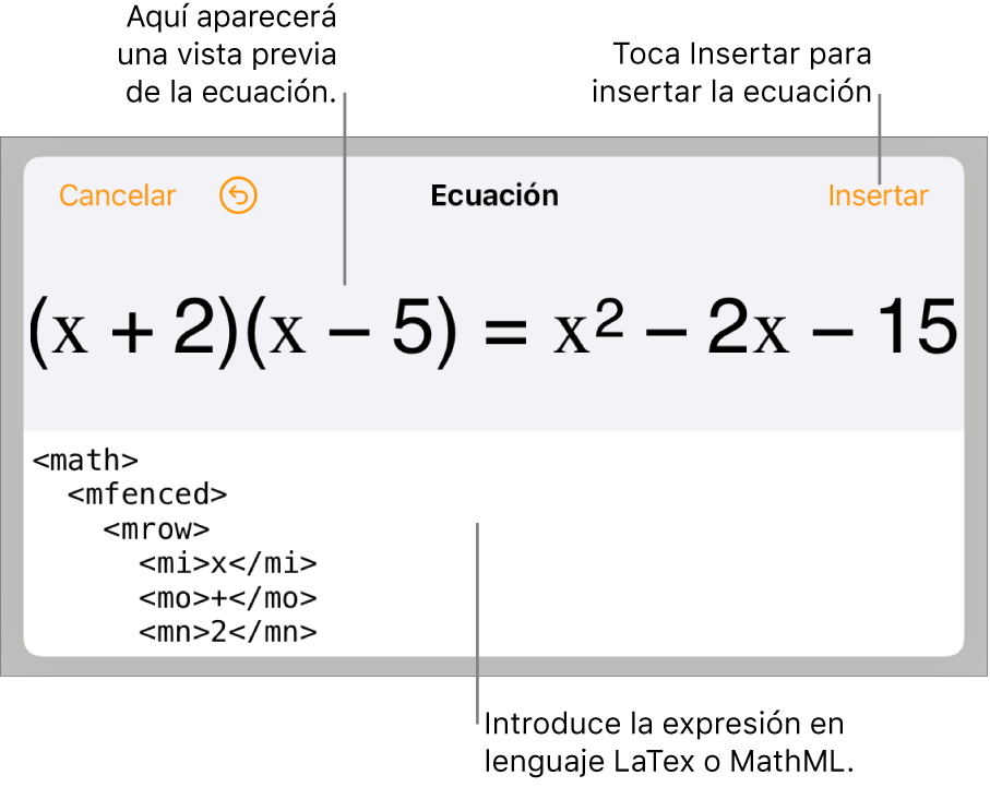 El diálogo Ecuación con una ecuación escrita con comandos de MathML y una previsualización de la fórmula encima.