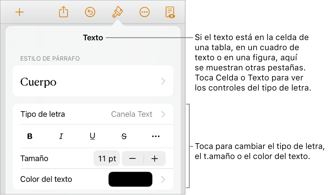 Controles de texto en el menú Formato para configurar los estilos de párrafo y carácter, tipo de letra, tamaño y color.