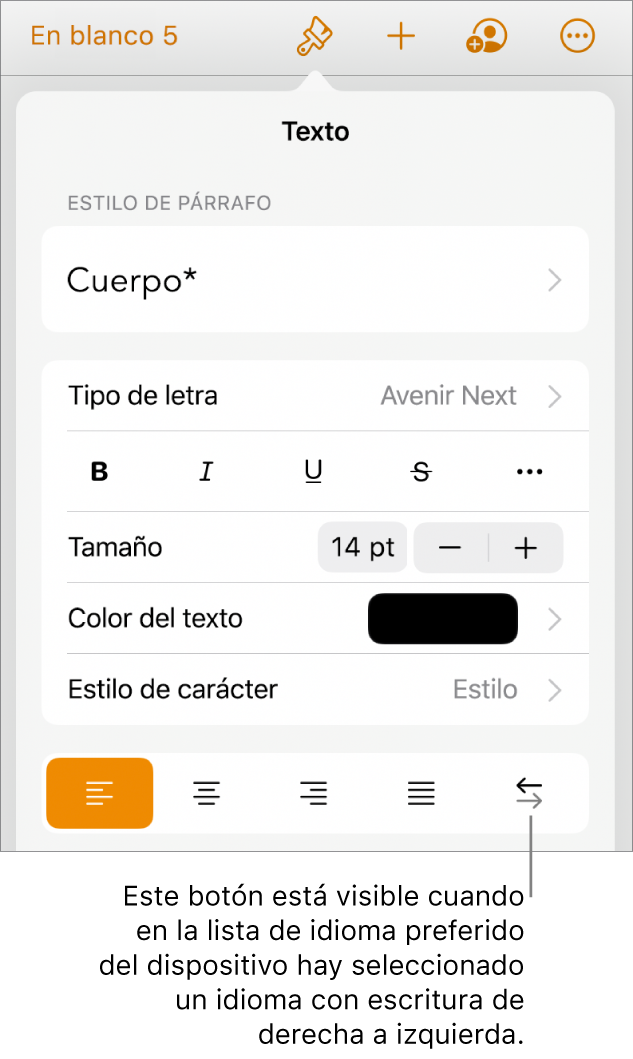 Controles de texto del menú Formato con una llamada al botón “De derecha a izquierda”.