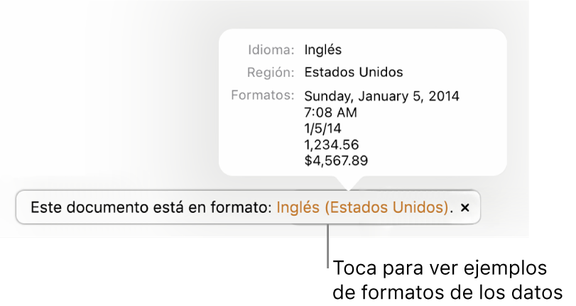 La notificación del ajuste de idioma y formato distinto, con ejemplos del formato en ese idioma y región.