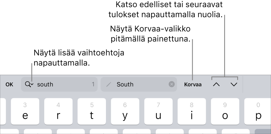 Etsi ja korvaa ‑säätimet näppäimistön yläpuolella ja selitteet Hakuvalinnat-, Korvaa-, Siirry ylös- ja Siirry alas ‑painikkeille.