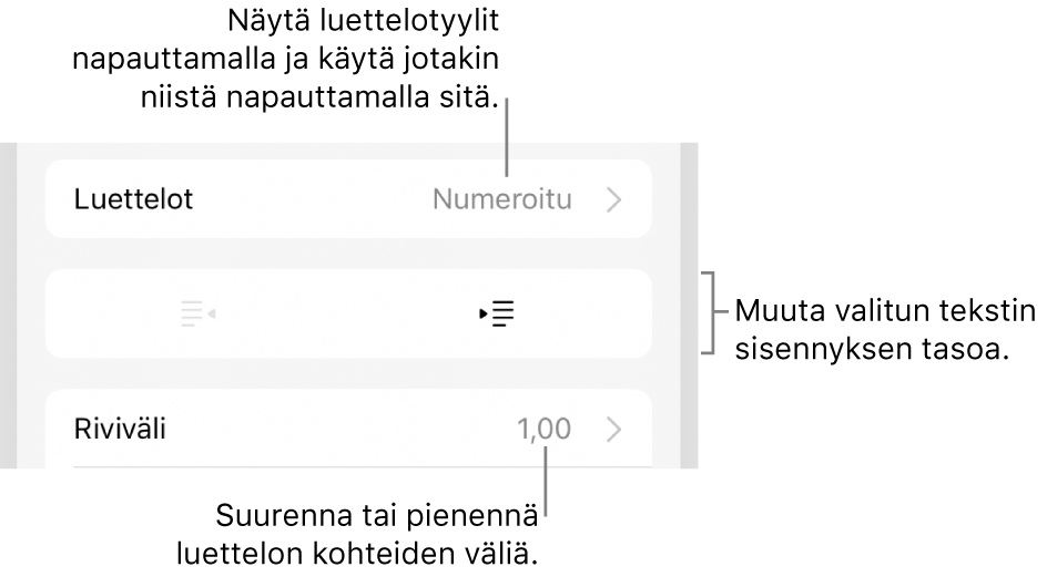 Muoto-säätimien Luettelot-osio, jossa on selitteet Luetteloihin, ulonnus- ja sisennyspainikkeisiin ja rivivälisäätimiin.