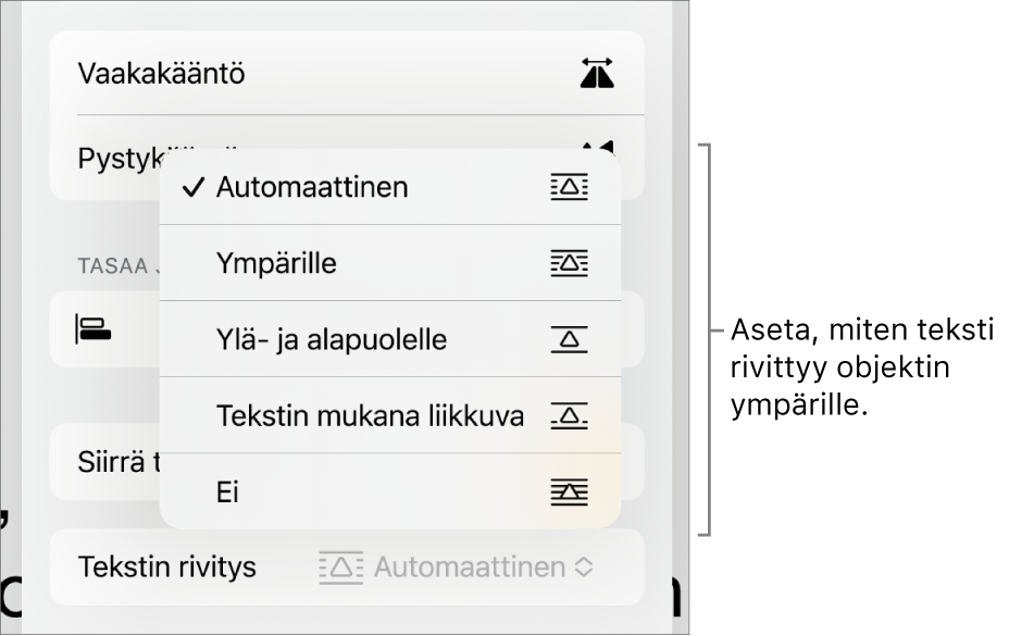 Muoto-säätimet Asettele-välilehden ollessa valittuna. Sen alla Tekstin rivitys -säätimet, joissa on Siirrä taakse/eteen, Siirrä tekstin kanssa ja Tekstin rivitys.