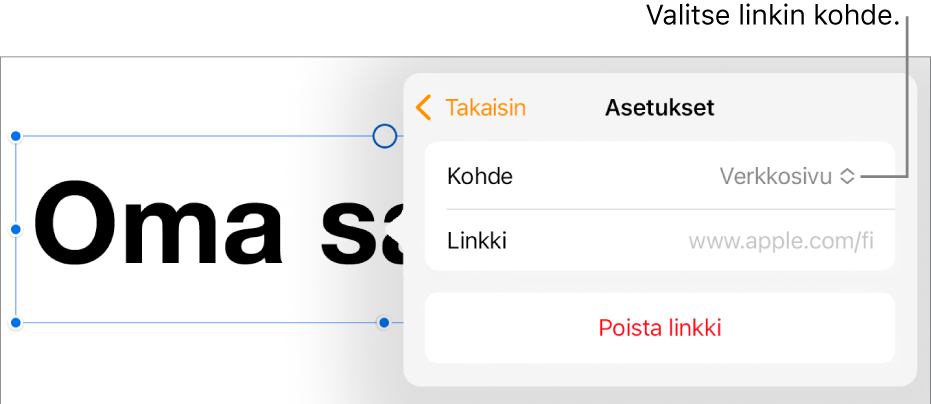 Linkkiasetukset-säätimet, joissa on valittuna Verkkosivu ja alhaalla on painike Poista linkki.