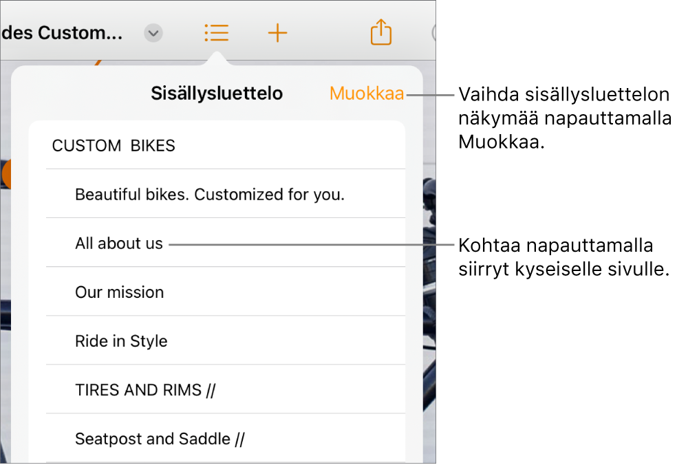 Sisällysluettelonäkymä, jossa on kohteet luettelona. Muokkaa-painike on näkymän oikeassa yläkulmassa.
