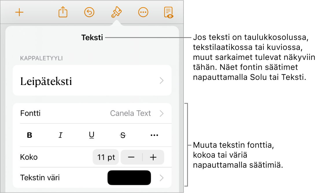 Muoto-valikon tekstisäätimet kappale- ja merkkityylien, fontin, koon ja värin valitsemista varten.