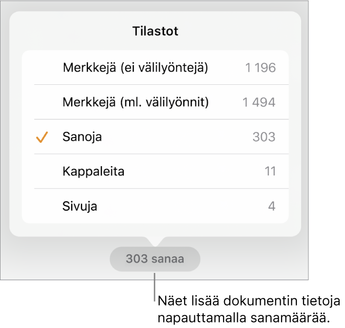 Sanamäärä ja valikko, jonka valinnoilla voi näyttää merkkimäärän välilyöntien kanssa tai ilman välilyöntejä sekä sanamäärän, kappalemäärän ja sivumäärän.