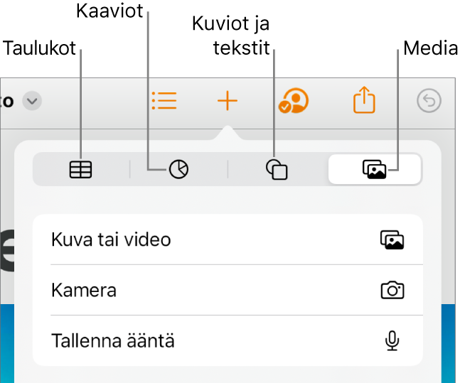 Avoimet Lisää-säätimet, joiden yläosassa on painikkeita taulukoiden, kaavioiden, tekstin, kuvioiden ja median lisäämiseen.
