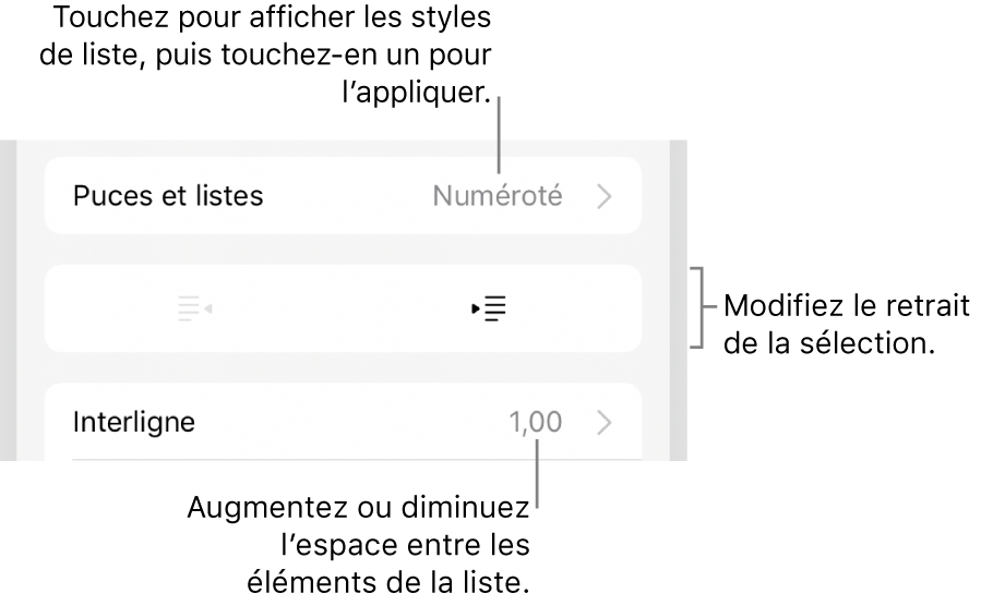 La section Puces et listes des commandes Format avec des légendes indiquant le menu Puces et listes, les boutons de retrait ou de suppression du retrait, et les commandes d’interligne.