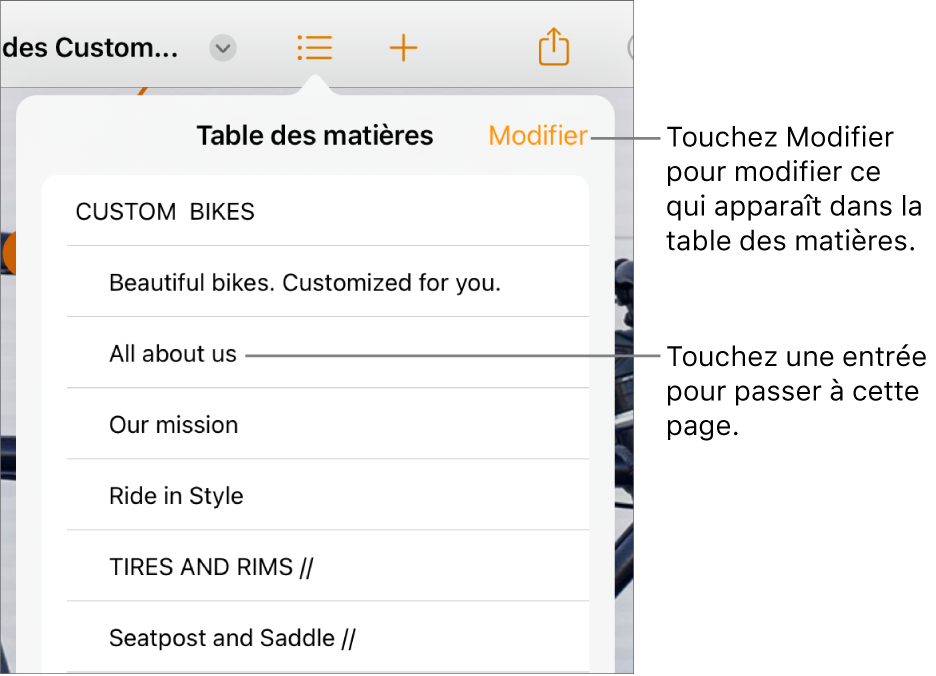 La présentation de la table des matières avec les entrées sous forme de liste. Le bouton Modifier se trouve dans le coin supérieur droit de la présentation.