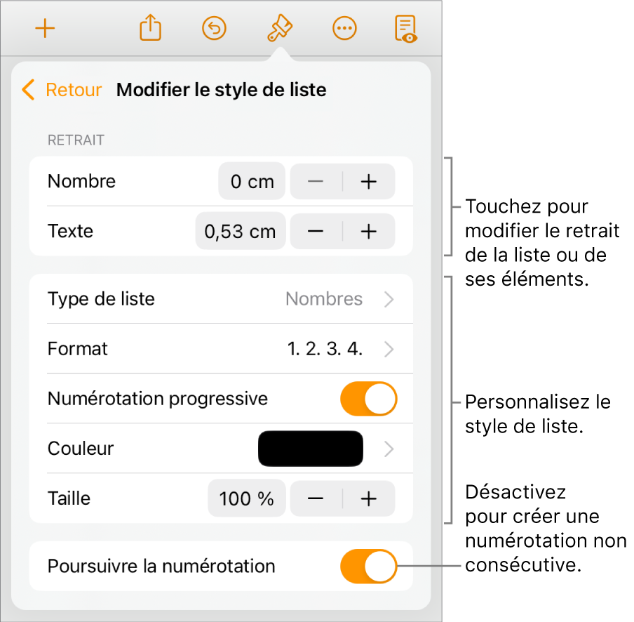 Menu Modifier le style de liste avec les commandes pour le retrait, le type et le format de liste, la numérotation progressive, la couleur et la taille, et la numérotation continue.