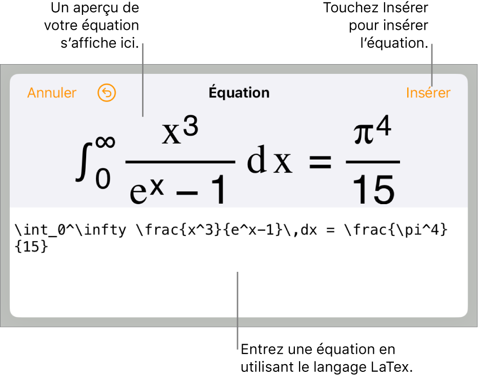 Zone de dialogue Équation, affichant une équation composée à l’aide des commandes LaTex et aperçu de la formule au-dessus.