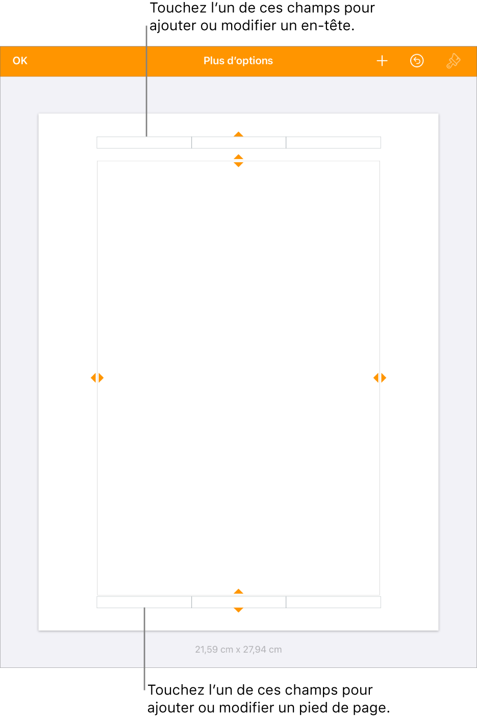 Présentation Plus d’options avec trois champs en haut du document pour les en-têtes et trois champs en bas pour les bas de page.