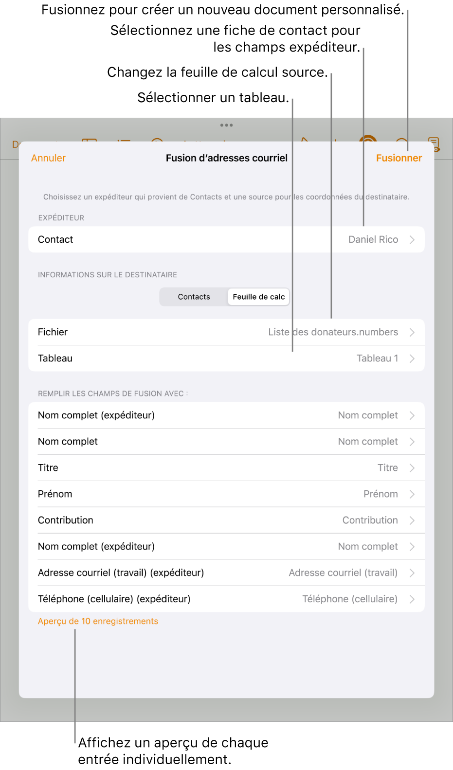 Onglet Fusion ouvert, avec options de sélectionner les informations de l’expéditeur, de modifier le fichier ou le tableau source, d’obtenir un aperçu des noms de champs de fusion ou des registres individuels, ou de fusionner le document.