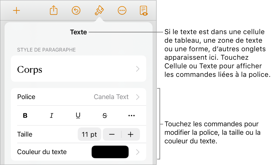 Commandes de texte du menu de format permettant de définir les styles, la police, la taille et la couleur des paragraphes et des caractères.