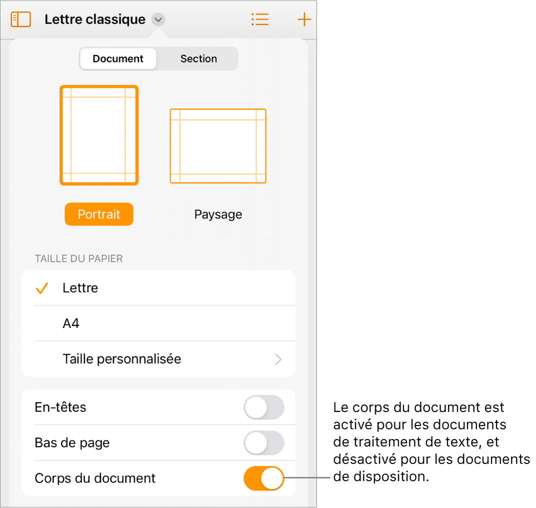 Les commandes Format du document et Corps du document activées vers le bas de l’écran.