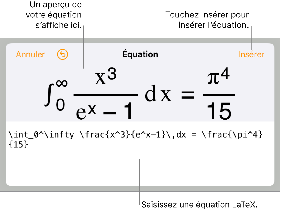 Zone de dialogue Équation, affichant une équation composée à l’aide des commandes LaTeX, et un aperçu de la formule au-dessus.