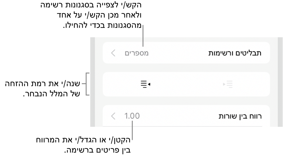 המקטע ״תבליטים ורשימות״ בכלי הבקרה של ״עיצוב״ עם הסברים ל״תבליטים ורשימות״, כפתורי הגדלת הזחה והקטנת הזחה ופקדי ריווח שורות.