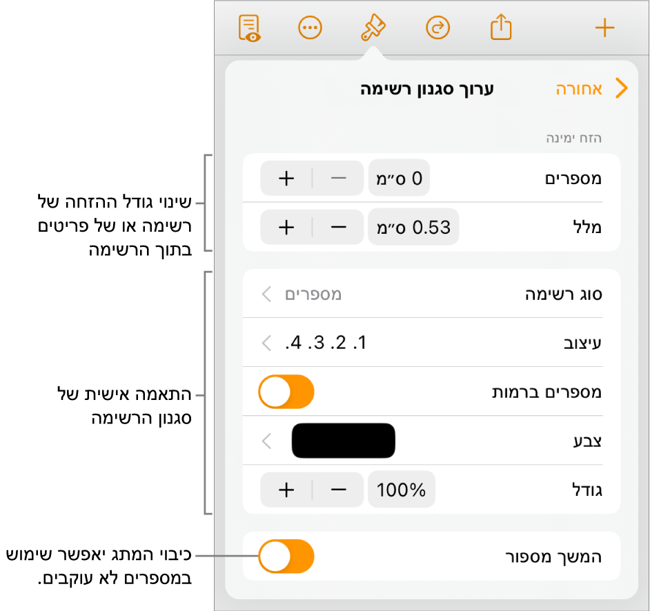התפריט ״עריכת סגנון רשימה״ עם כלי בקרה לריווח הזחות, סוג ועיצוב של רשימה, מספרים ברמות, צבע וגודל הרשימה, ומספור מתמשך.