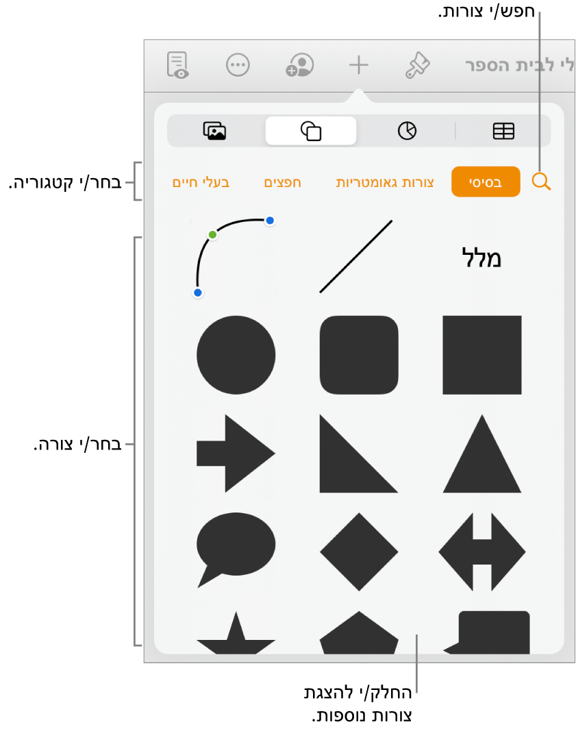 ספריית הצורות, כשקטגוריות מופיעות למעלה וצורות מוצגות למטה. ניתן להשתמש בכפתור החיפוש בראש המסך כדי למצוא צורות ולהחליק כדי להציג עוד.