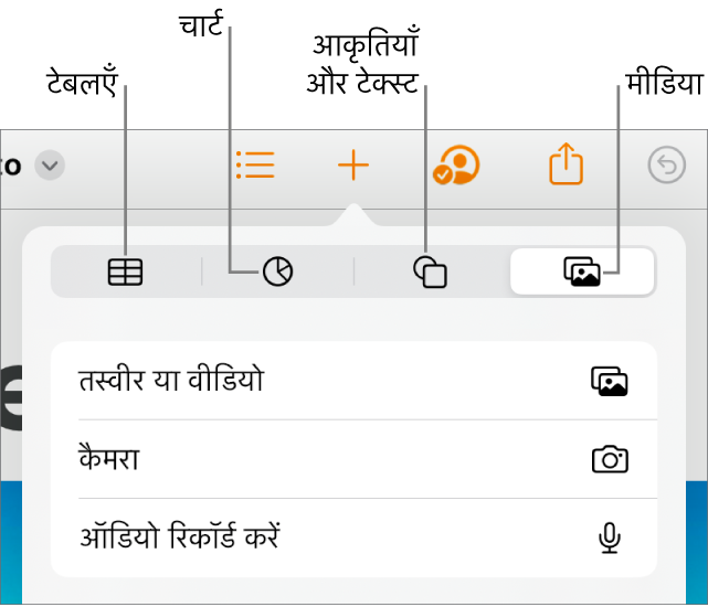 “नियंत्रण जोड़ें” खुला है जिसके शीर्ष पर टेबल, चार्ट, टेक्स्ट, आकृतियों और मीडिया को जोड़ने के लिए बटन हैं।