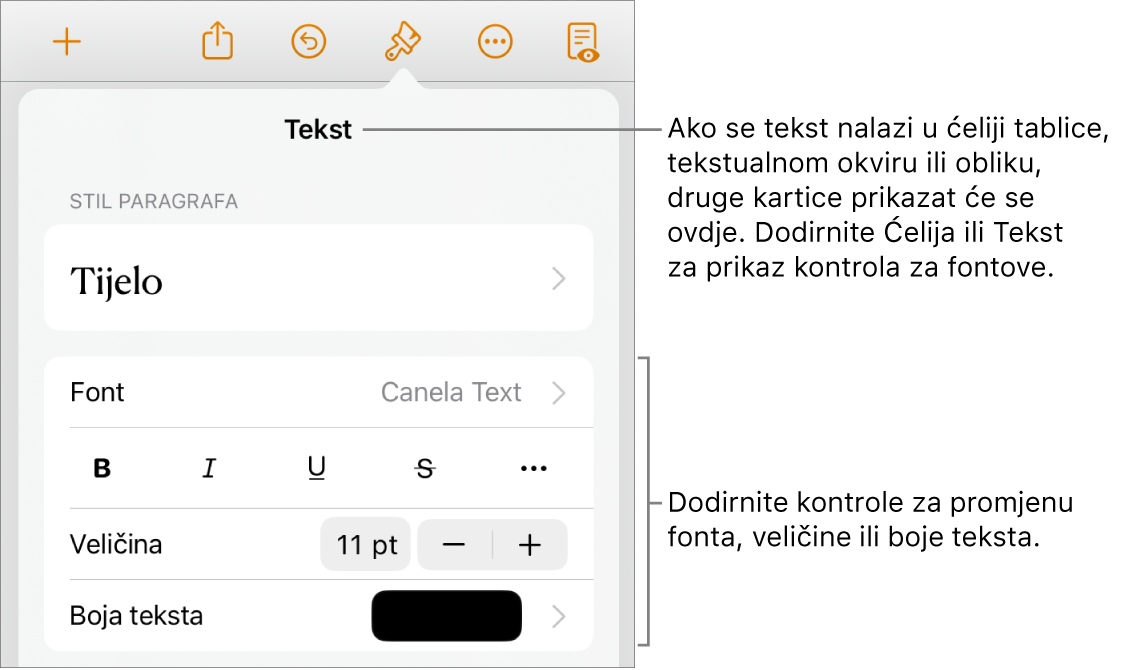 Kontrole teksta u izborniku Format za postavljanje paragrafa i stilova paragrafa, fonta, veličine i boje.