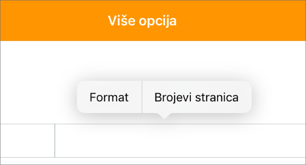 Tri polja zaglavlja s točkom umetanja u središnjem i skočni izbornik s prikazom dijela Brojevi stranice.