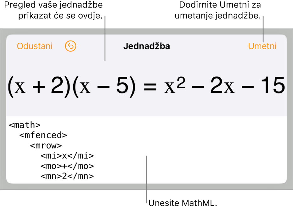 Dijaloški okvir Jednadžba koji prikazuje jednadžbu napisanu korištenjem MathML naredbi i prikaz gornje formule.