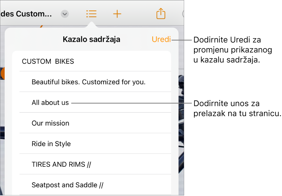 Prikaz kazala sadržaja sa stavkama na popisu. Tipka Uredi nalazi se u gornjem lijevom kutu prikaza.