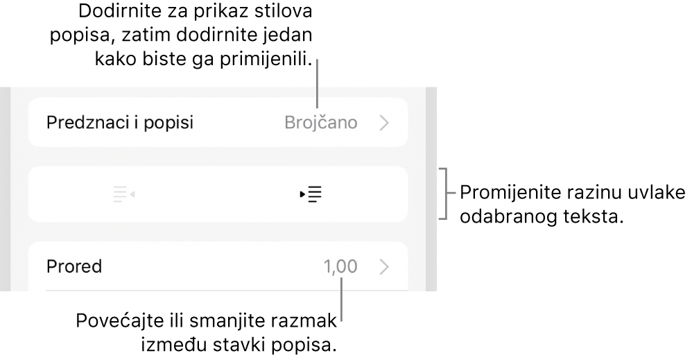 Odjeljak Predznaci i popisi kontrola formatiranja s oblačićima na Predznake i popise, tipke za izvlake i uvlake i kontrole razmaka između redaka.