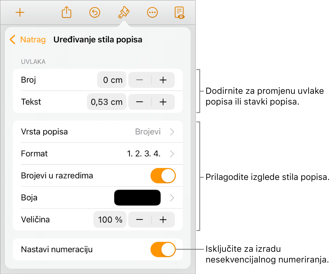 Uredite izbornik Stil popisa s kontrolama za uvučeni razmak, vrstu popisa i format, hijerarhiju brojeva, boju popisa i veličinu te nastavak numeriranja.