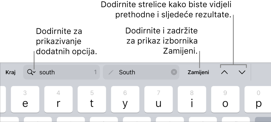 Kontrole Pronađi i zamijeni iznad tipkovnice s balončićima do tipki Opcije pretraživanja, Zamijeni, Prijelaz gore i Prijelaz dolje.