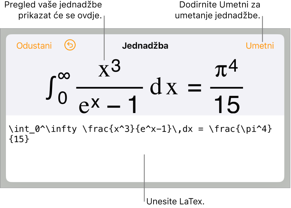 Dijaloški okvir Jednadžba koji prikazuje jednadžbu napisanu korištenjem LaTeX naredbi i prikaz gornje formule.