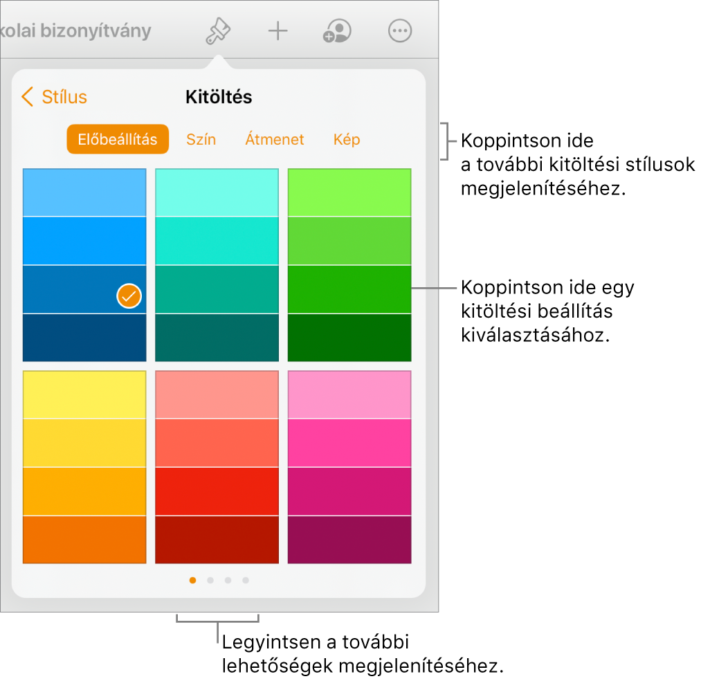 Kitöltési beállítások a Formátum gombbal elérhető Stílus lapon.