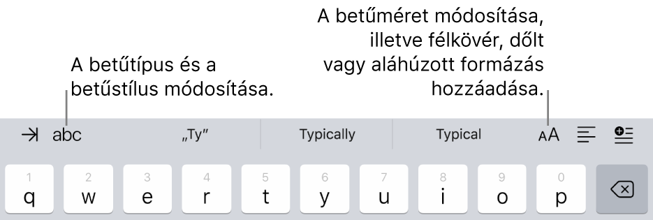 A billentyűzet feletti szövegformázó gombok balról jobbra a következők: behúzás, betűtípus, három prediktív szövegbeviteli mező, betűméret, igazítás és beszúrás.
