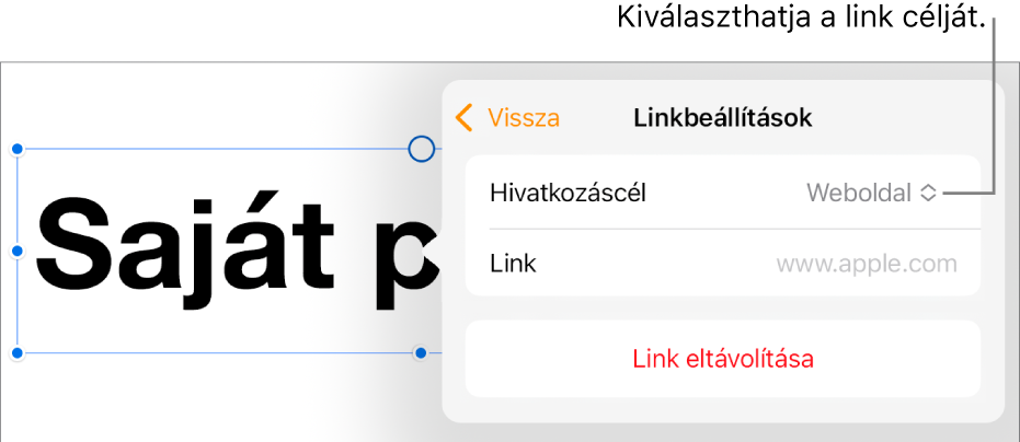 A Linkbeállítások vezérlői a kijelölt Weboldal elemmel, illetve az alul megjelenő Link eltávolítása gombbal.