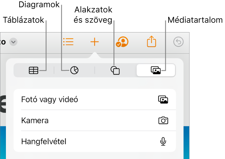 A beszúrás vezérlők jelennek meg, felül a táblázatok, diagramok, szövegek, alakzatok és médiatartalmak hozzáadására szolgáló gombokkal.