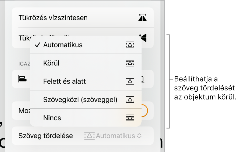 A formázásvezérlők a kijelölt Elrendezés lappal. Alatta a Szövegtördelés vezérlők láthatók a következőkkel: Mozgatás hátra/előre, Mozgatás szöveggel és Szöveg tördelése.