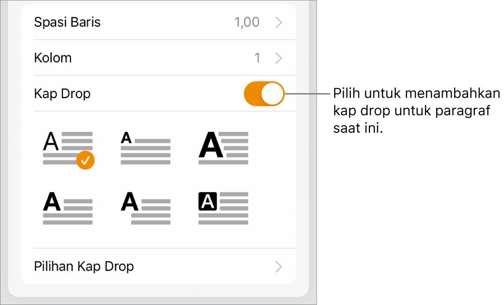 Kontrol Kap Drop terletak di bagian bawah menu Teks.